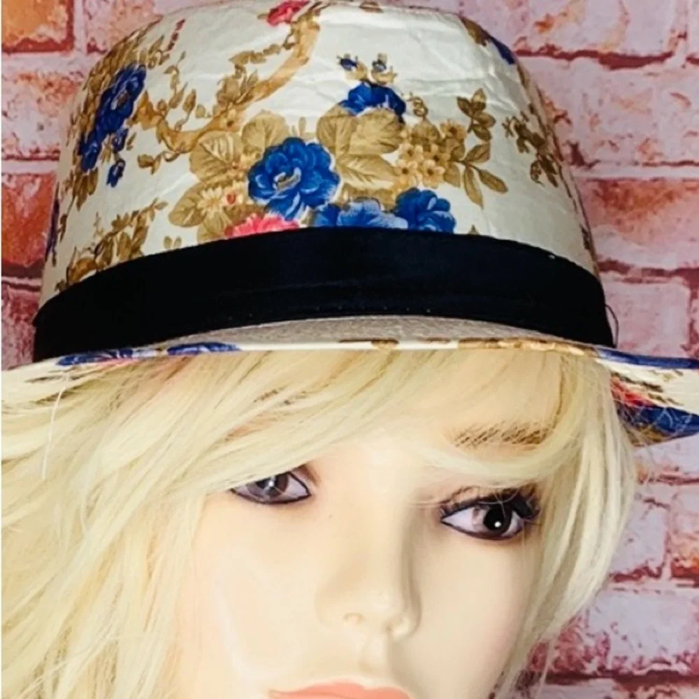 Cream Floral Retro Straw Brim Fedora Hat